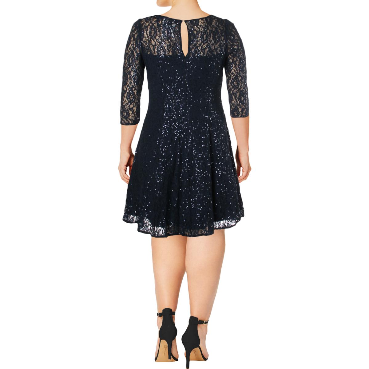 SL Fashions Womens Navy Lace Overlay Sequined Cocktail Dress 6 BHFO