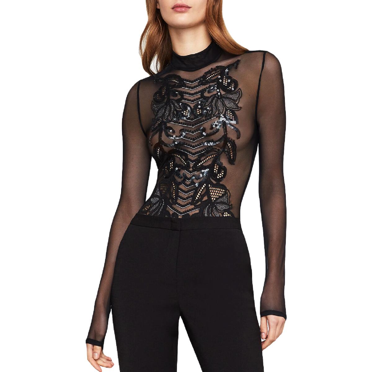 Download BCBG Max Azria Womens Black Embroidered Mock Neck Bodysuit ...