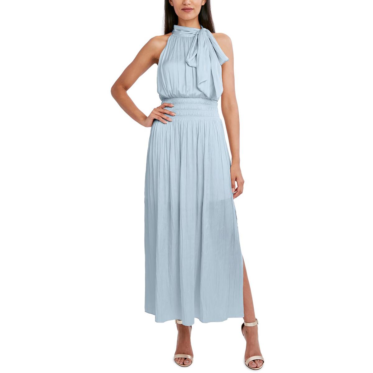 BCBGMAXAZRIA Women s Broomstick Satin Pleated Smocked Halter Maxi Dress