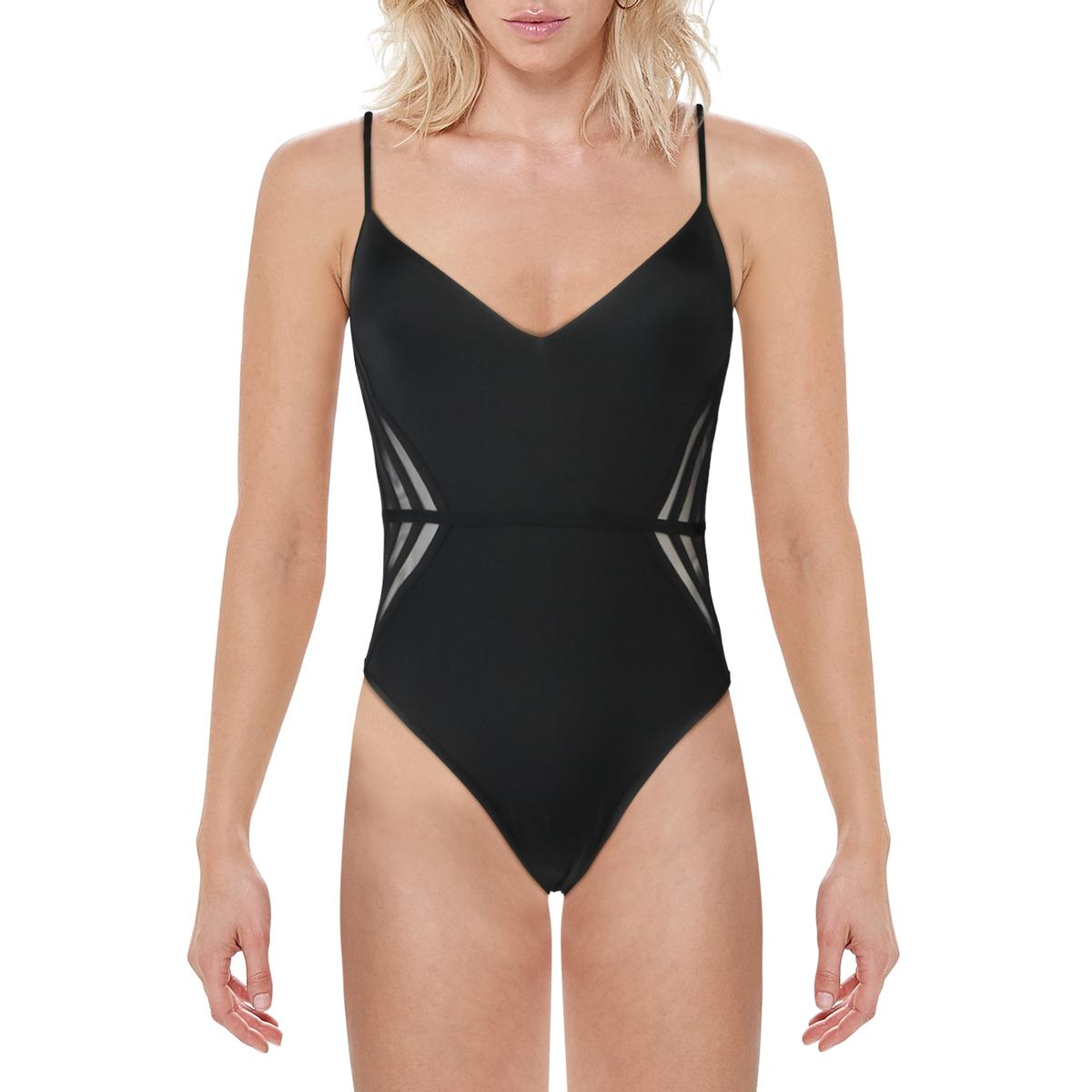 BCBGMAXAZRIA Womens Black Mesh Inset Seamed One Piece Swimsuit 2