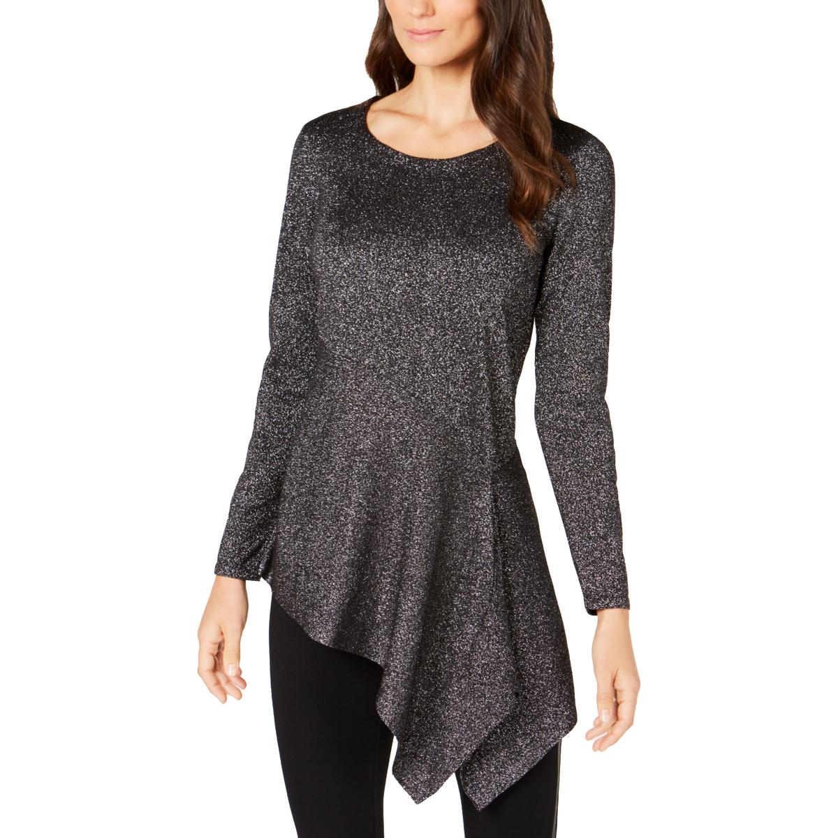 Alfani Womens Black Metallic Asymmetric Pullover Sweater Top XXL BHFO