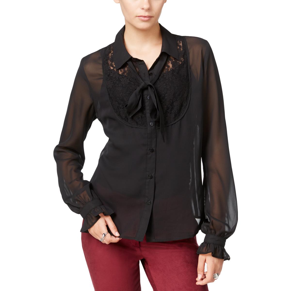 Fair Child Womens Black Sheer Lace Inset Button-Down Top Shirt S BHFO ...