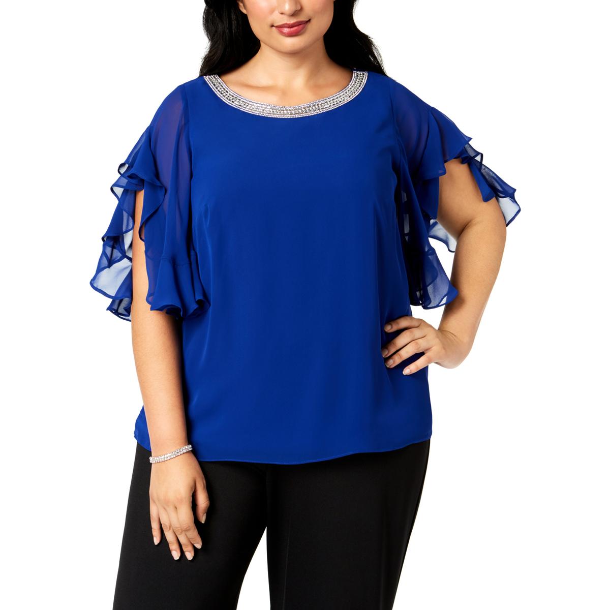 MSK Women Womens Blue Embellished Flutter Sleeves Blouse Top Plus 3X ...