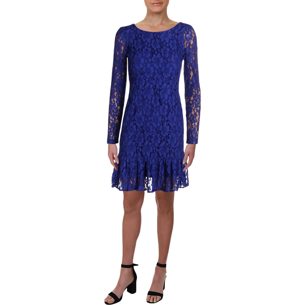 Calvin Klein Womens Blue Ruffled Hem Lace Party Dress Petites 4P BHFO