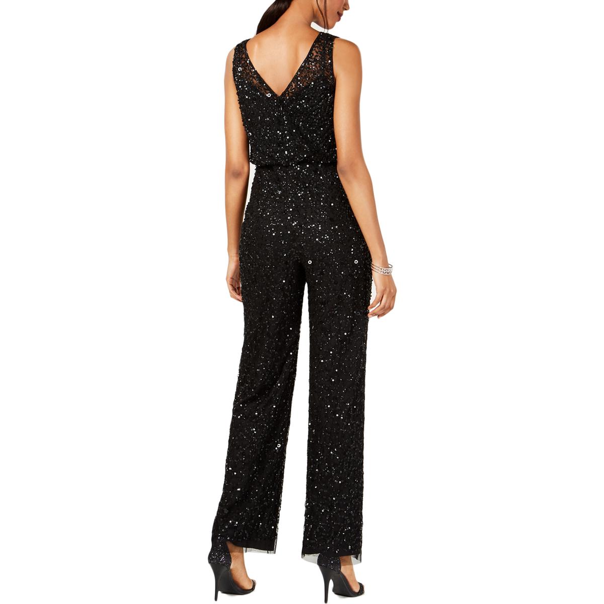 Adrianna Papell Womens Black Sequined Sleeveless Jumpsuit Petites 2P ...